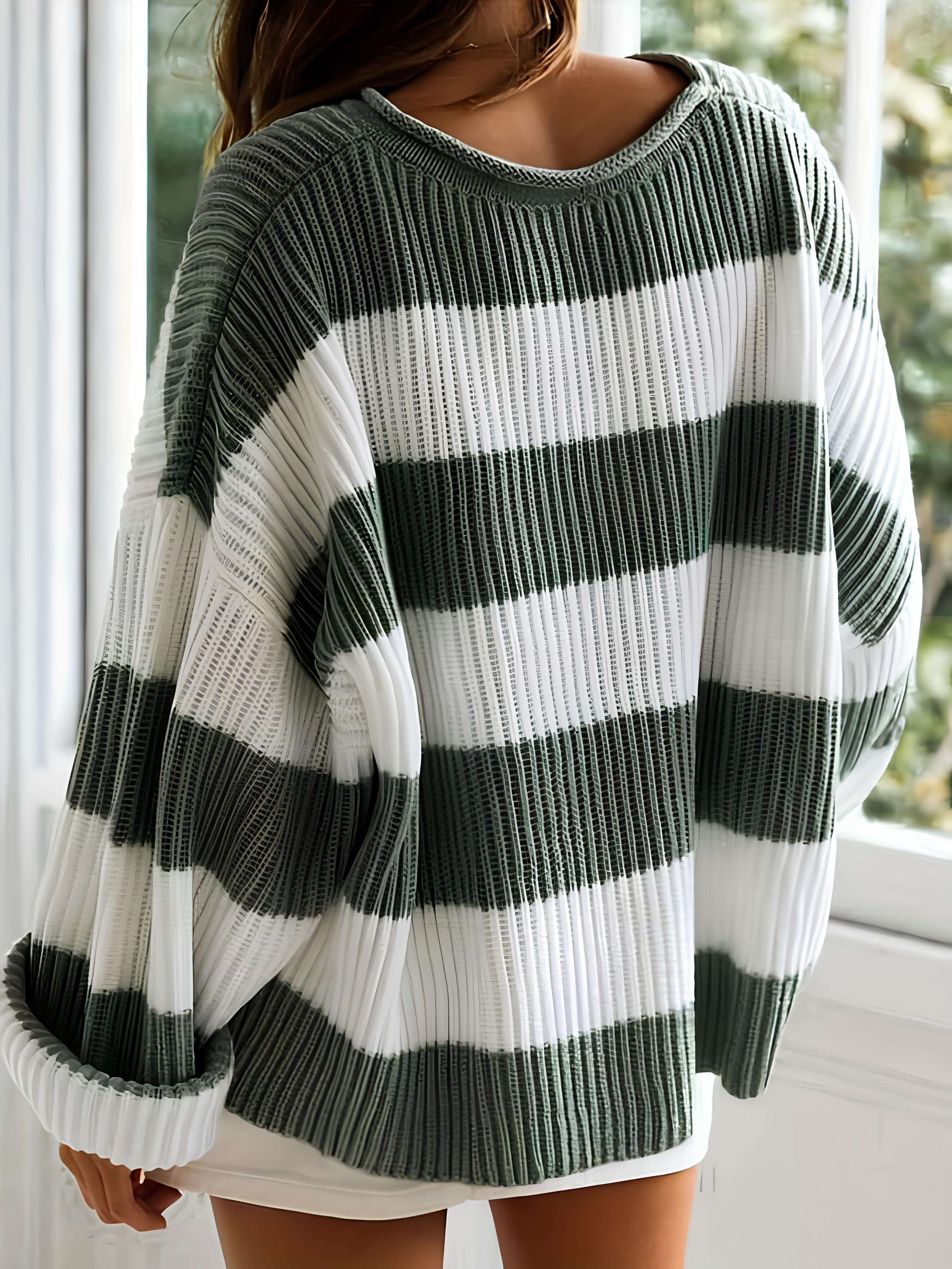 Women’s winter striped knit sweater in white and dark green, wide sleeves, crew neck