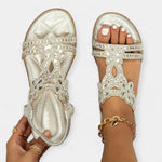 Orthopedic boho sandals metallic gold with jeweled cross-floral straps and open toe