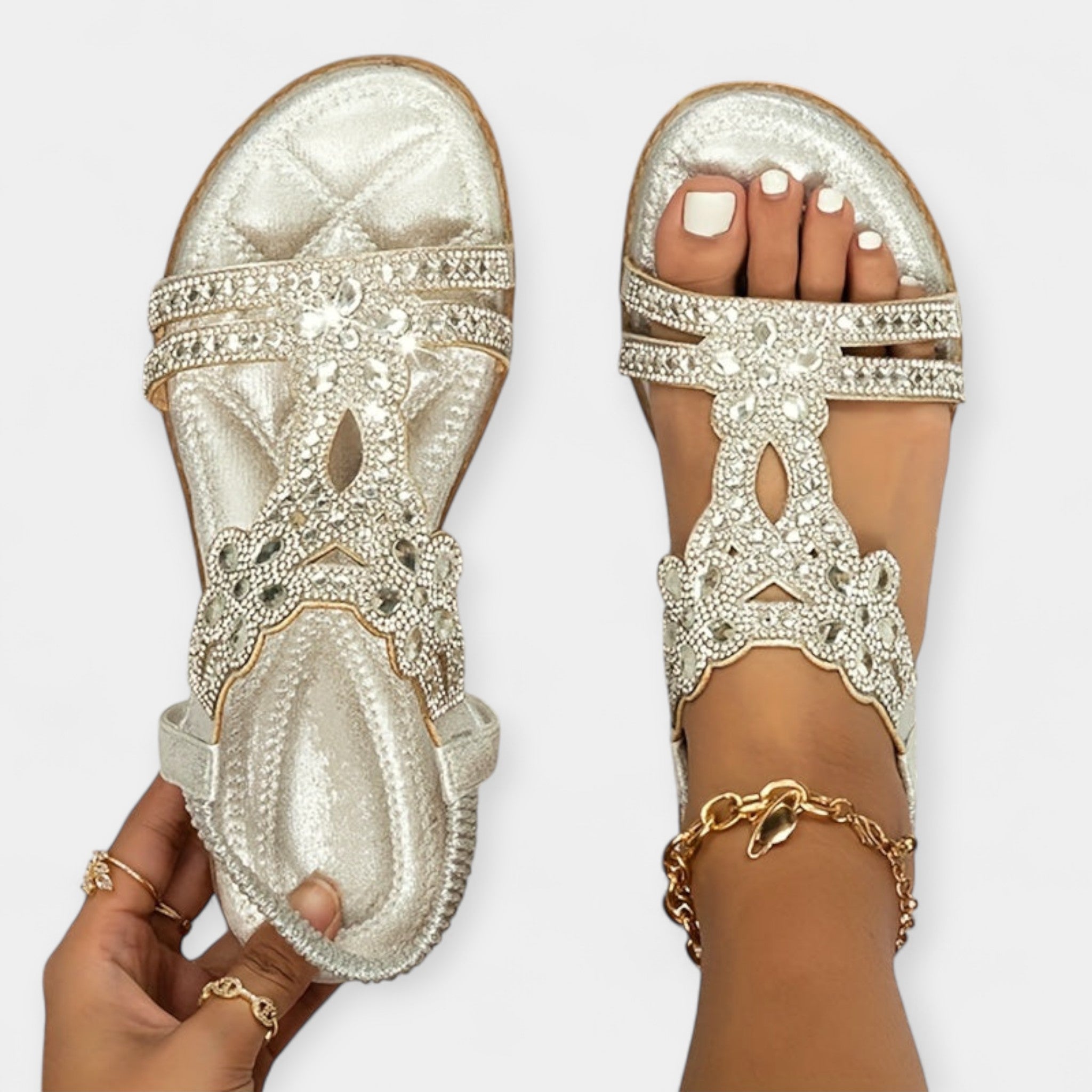 Orthopedic boho sandals metallic gold with jeweled cross-floral straps and open toe