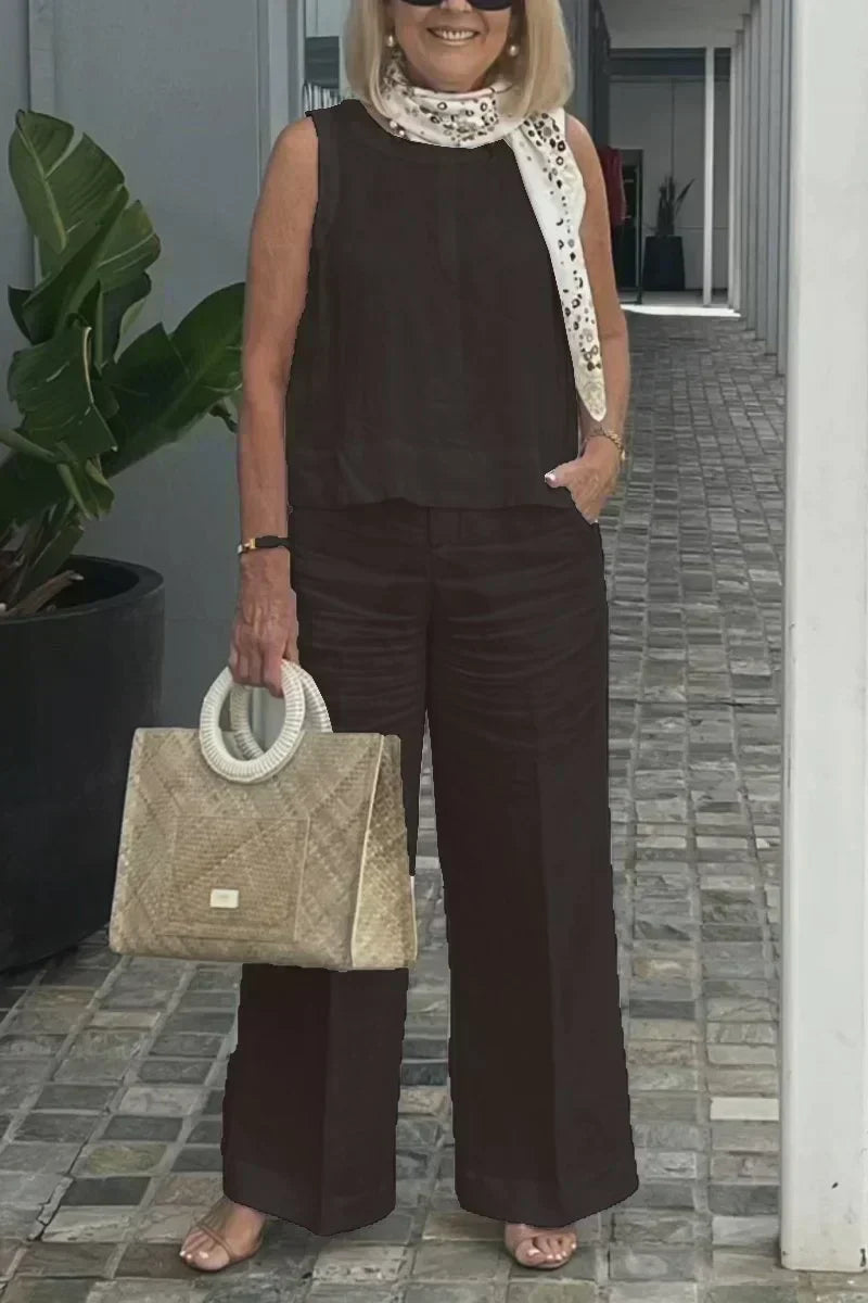 Dark brown sleeveless cotton-linen top with wide-leg pants