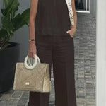 Dark brown sleeveless cotton-linen top with wide-leg pants
