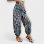 Blue paisley printed harem pants with elastic waistband and elastic ankle cuffs