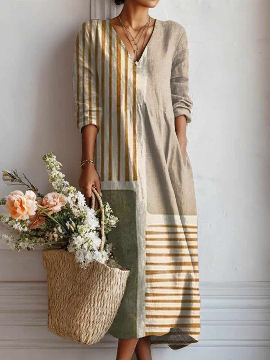 Womens midi comfort dress, V-neck, long sleeves, beige with gold vertical and hem stripes