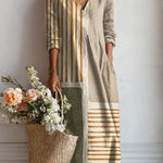 Womens midi comfort dress, V-neck, long sleeves, beige with gold vertical and hem stripes