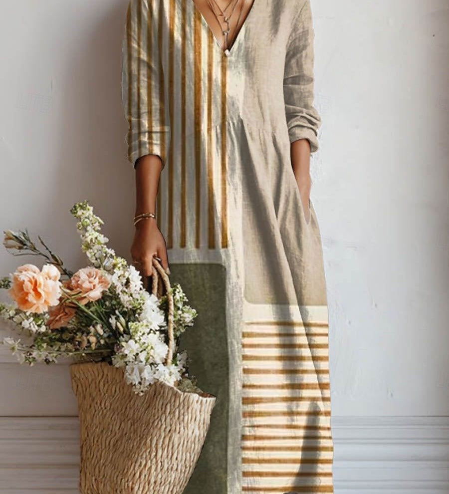 Womens midi comfort dress, V-neck, long sleeves, beige with gold vertical and hem stripes