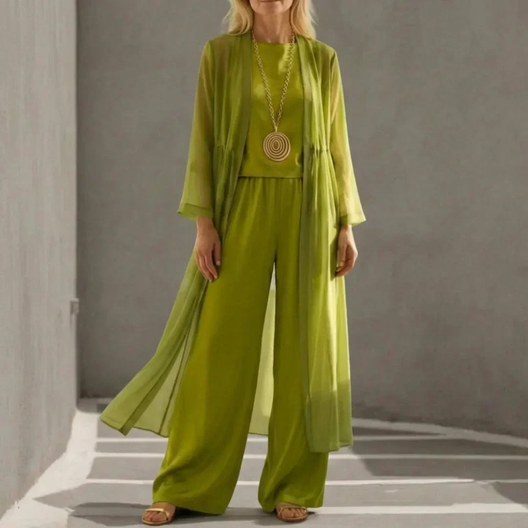 Olive green lounge set: wide-leg trousers, long draped kimono, round-neck top