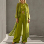Olive green lounge set: wide-leg trousers, long draped kimono, round-neck top