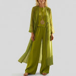Olive green set with wide-leg pants, matching top, and open-front draped kimono