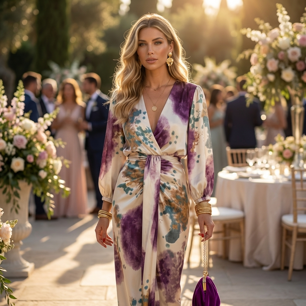 V-neck maxi dress with tie waist, watercolor floral print, holding purple tassel clutch