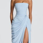 Close-up of light blue strapless corset maxi dress with draped overlay and front slit