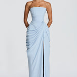 Light blue strapless corset maxi dress with ruched draping and front slit