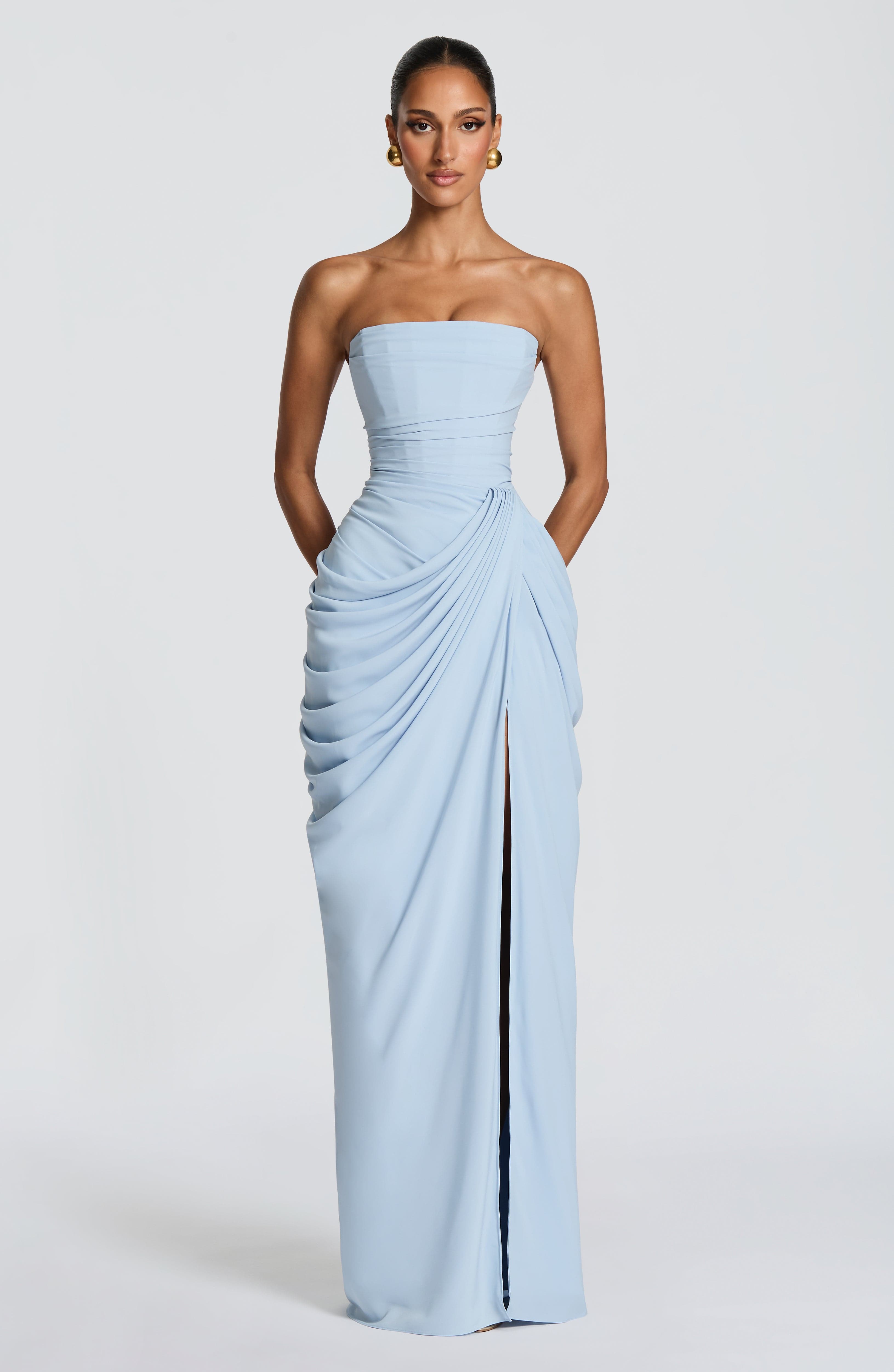Light blue strapless corset maxi dress with ruched draping and front slit