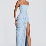 Light blue corset-style maxi dress with draped wrap and side slit