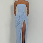 Strapless maxi gala dress with corset bodice and draped skirt slit, light blue