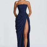 Navy strapless corset maxi gown with draped wrap and high side slit