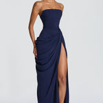Navy strapless corset maxi dress with layered draping and front thigh slit