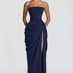 Navy strapless corset maxi gown with ruched waist and draped front slit