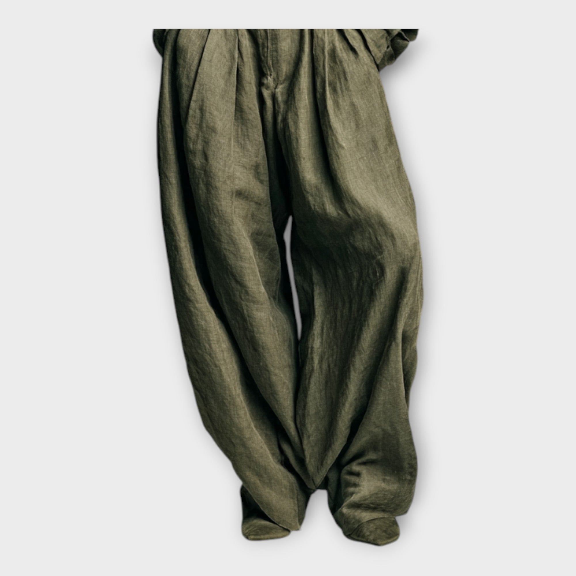 Dark olive green gathered high-waist balloon pants with front pleats and elastic hem