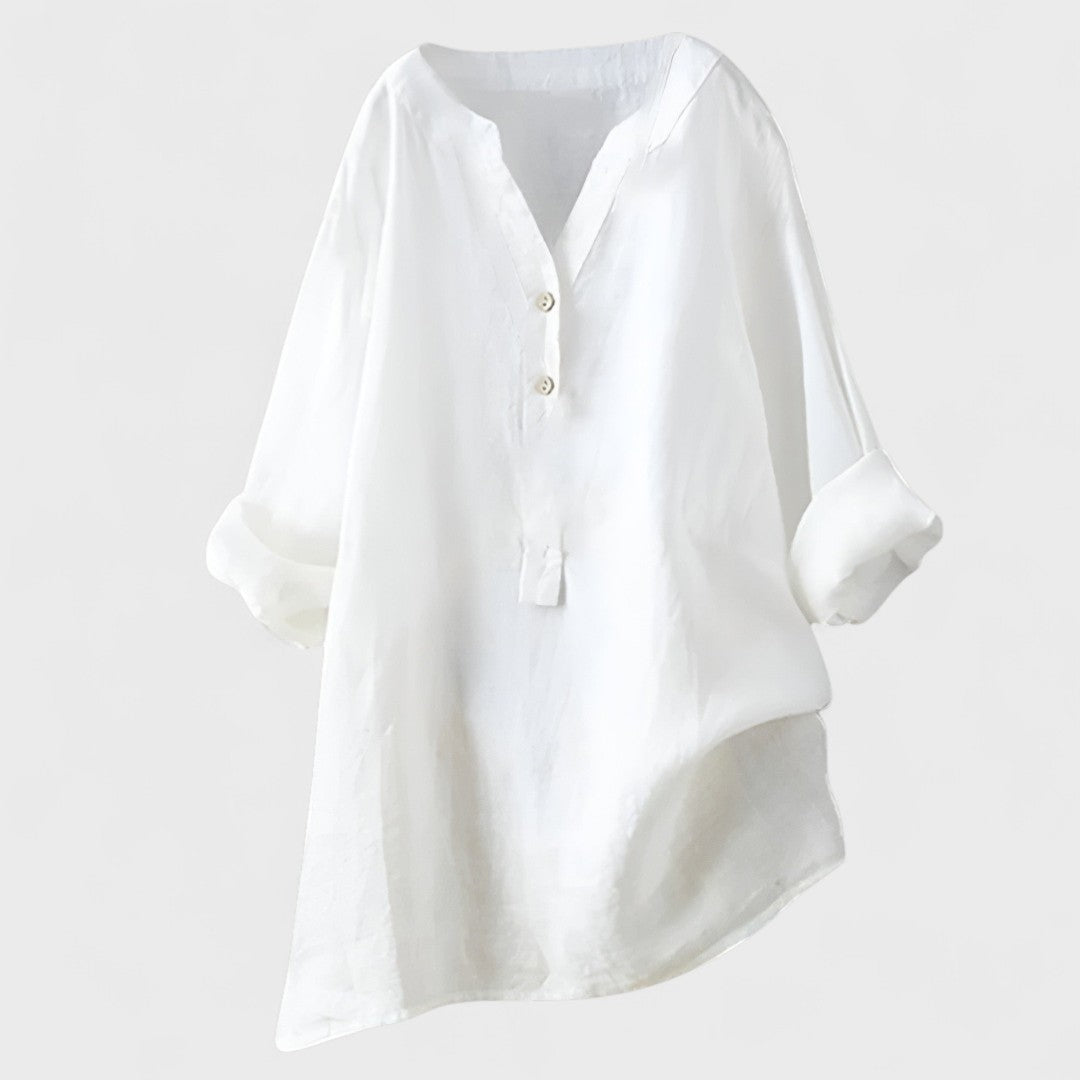 White comfort shirt with V-neck, button front, and 3/4 cuffed sleeves
