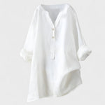 White comfort shirt with V-neck, button front, and 3/4 cuffed sleeves