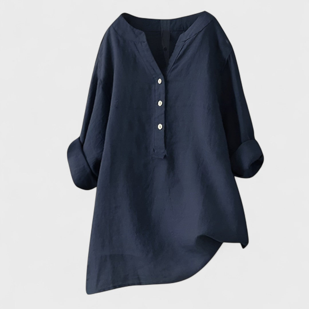 Navy comfort shirt with V-neck, button front, and loose cuffed sleeves