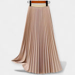 Long satin pleated skirt, beige, full-length pleats with elastic waistband