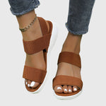 Emila™ orthopedic slide sandals, rust brown straps with open toe, chain ankle bracelet detail