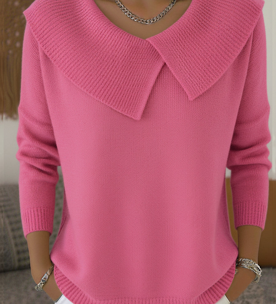 Pink knit sweater with soft fold-over collar and V-neck, long sleeves