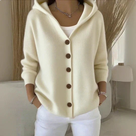 Hooded cardigan in cream knit, button-front, ribbed cuffs and hood