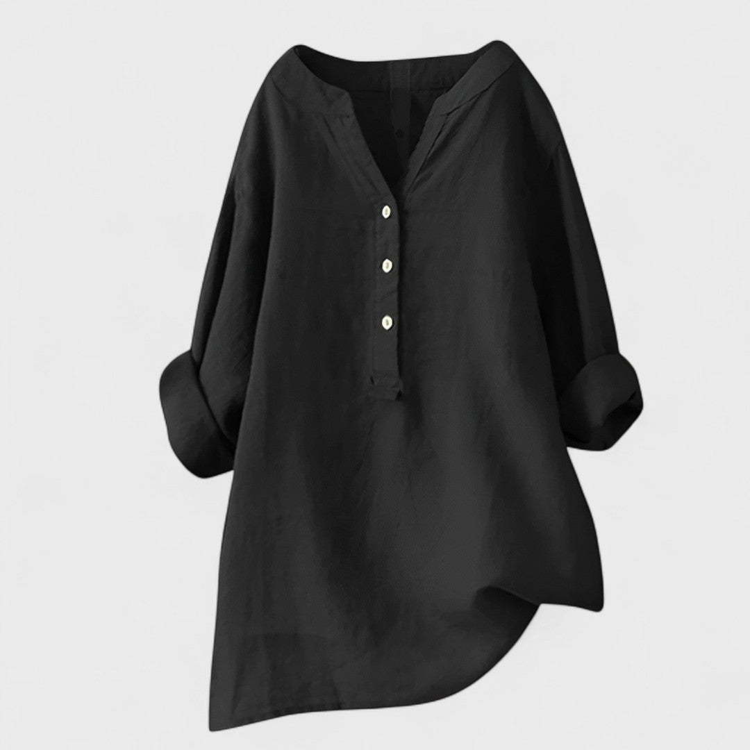 Black comfort shirt with V-neck, button front, and 3/4 cuffed sleeves