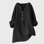 Black comfort shirt with V-neck, button front, and 3/4 cuffed sleeves
