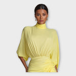 Yellow maxi dress with high neck and ruched waist, draped gathered skirt