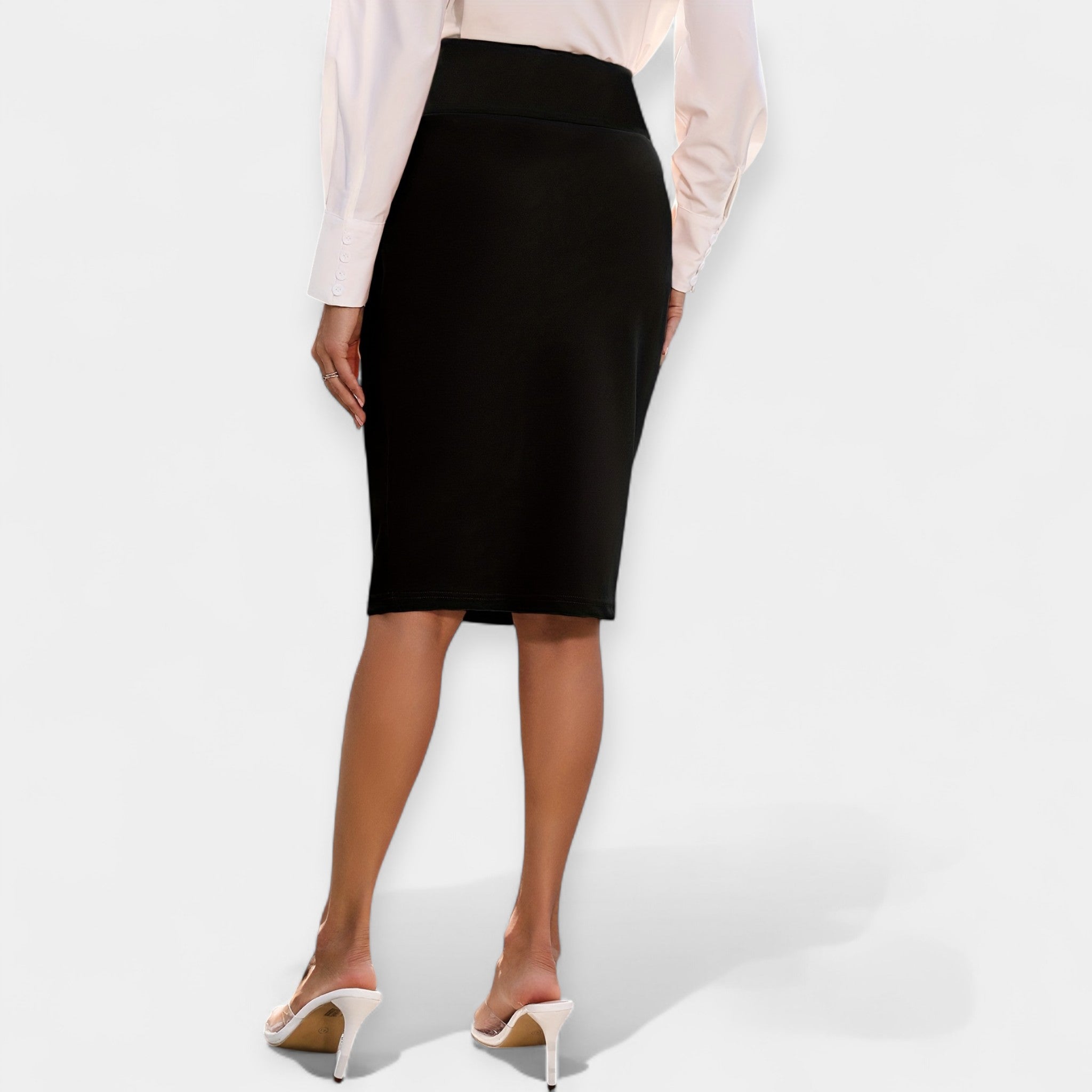 High-waist midi pencil skirt in black, fitted and mid-calf length
