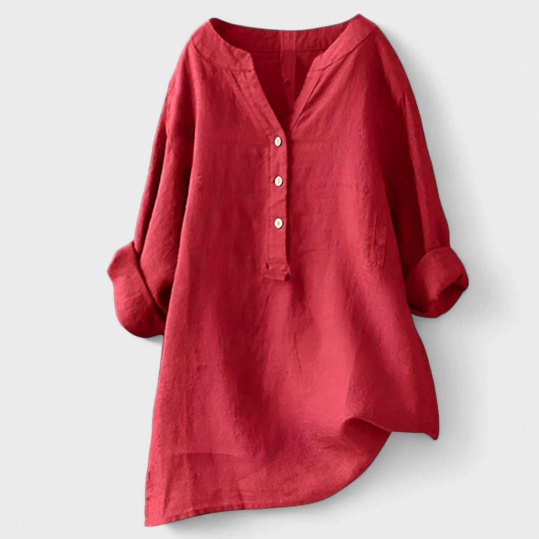 Red comfort shirt with V-neck, button front, and 3/4 cuffed sleeves