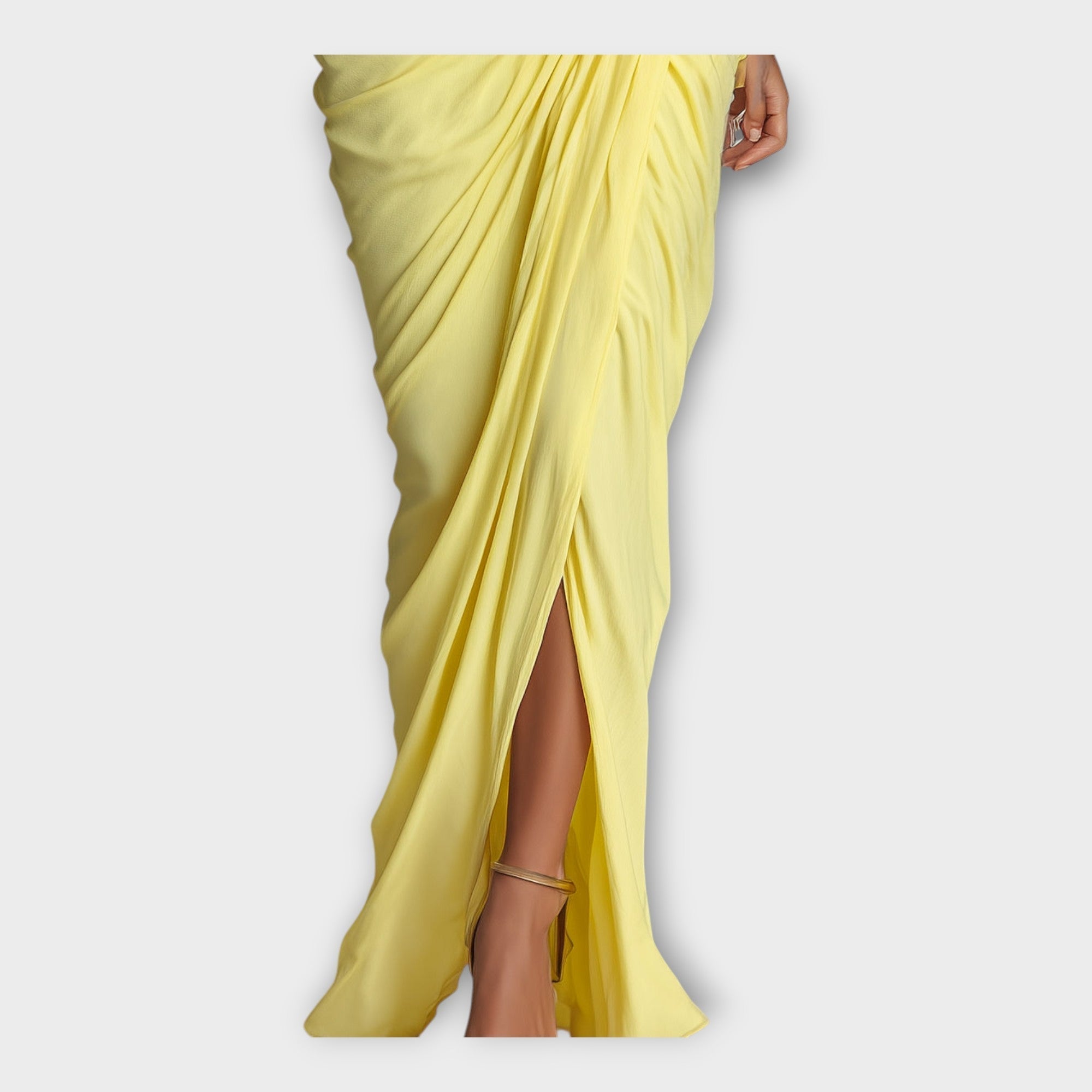 Yellow maxi dress with side slit and cascading pleated drape
