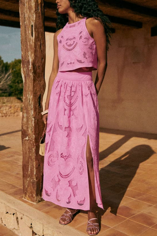 Pink lace sleeveless crop top and gathered midi skirt set with long hem slit