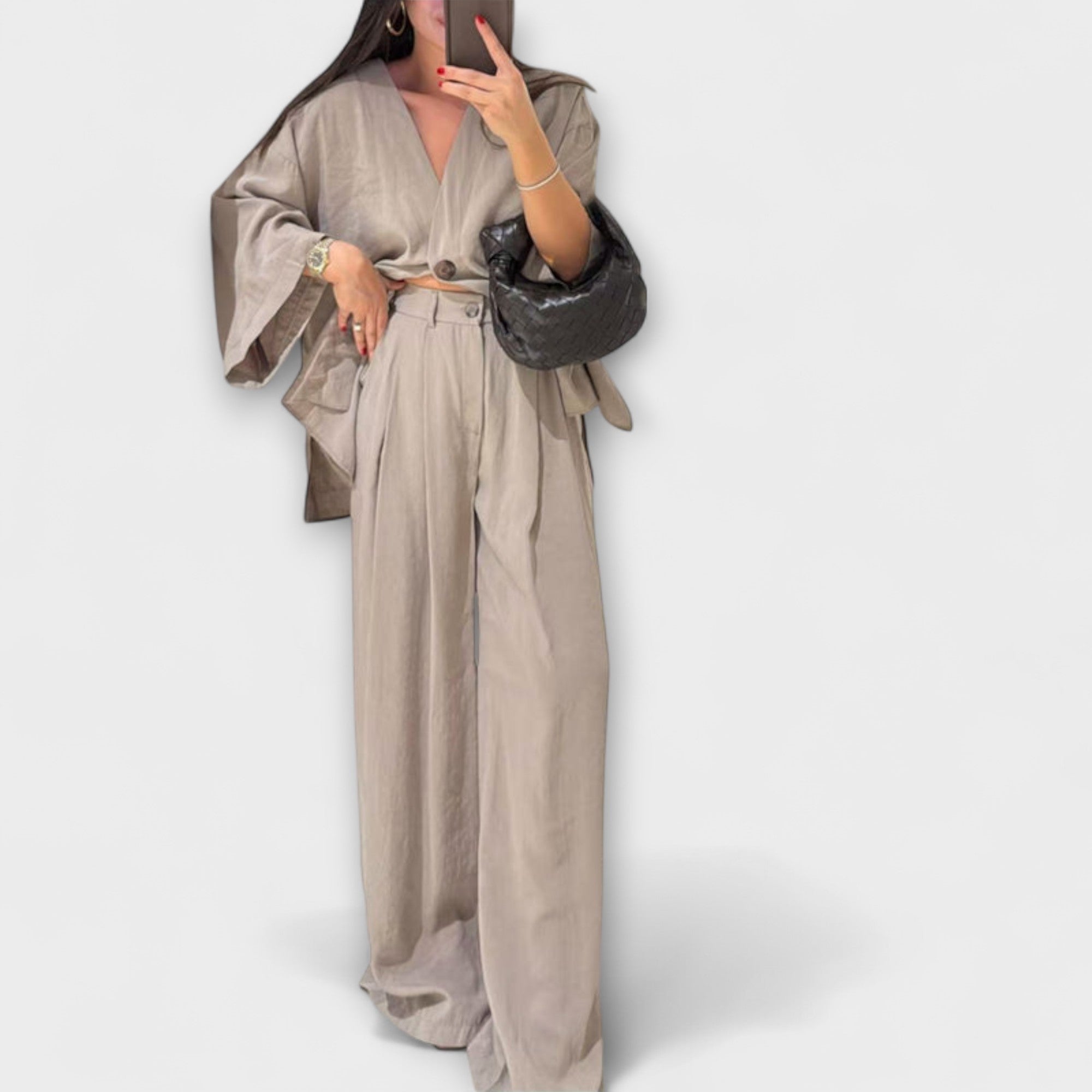 Beige layered V-neck top and wide-leg pants set with drawstring waist