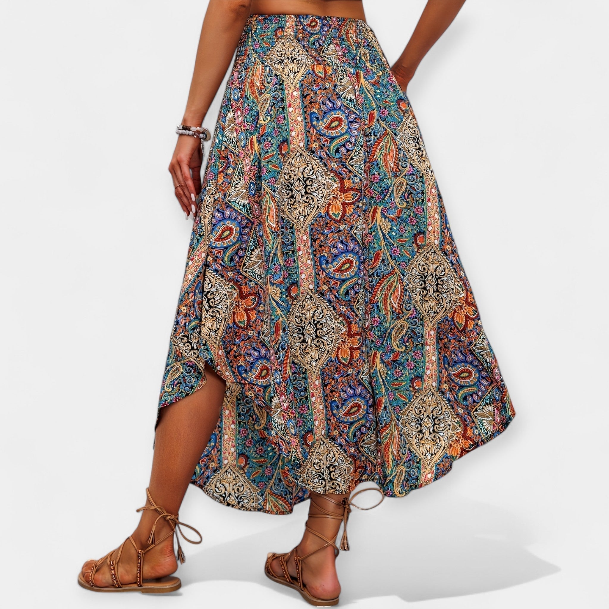 High-waisted midi skirt, paisley floral print, asymmetric side-slit hem