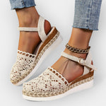 Beige crochet espadrille sandals with ankle strap and buckle, braided jute trim