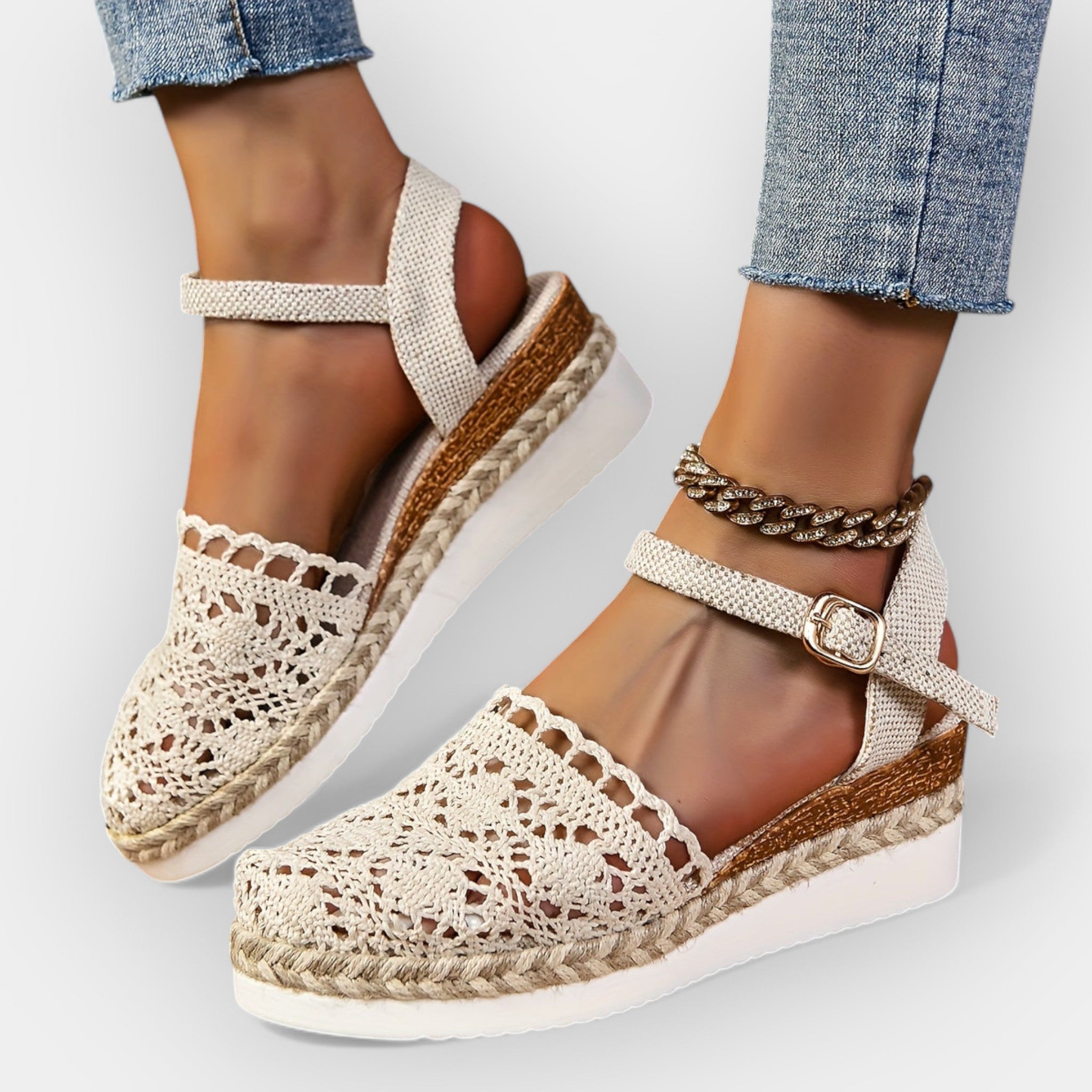 Beige crochet espadrille sandals with ankle strap and buckle, braided jute trim