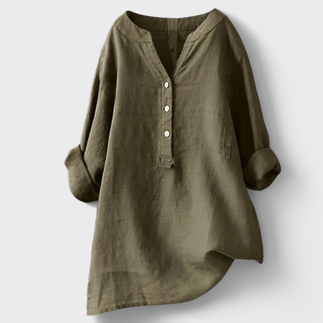 Olive comfort shirt with V-neck, button front, and loose cuffed sleeves