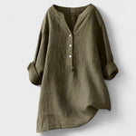 Olive comfort shirt with V-neck, button front, and loose cuffed sleeves