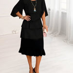 Black tiered ruffle midi dress with half sleeves, layered skirt hem, scoop neckline