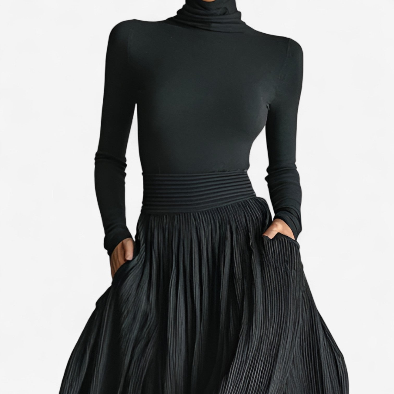 Black turtleneck maxi dress with long sleeves, ruched waist, and gathered full skirt