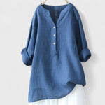 Royal blue comfort shirt with V-neck, button front, and 3/4 cuffed sleeves