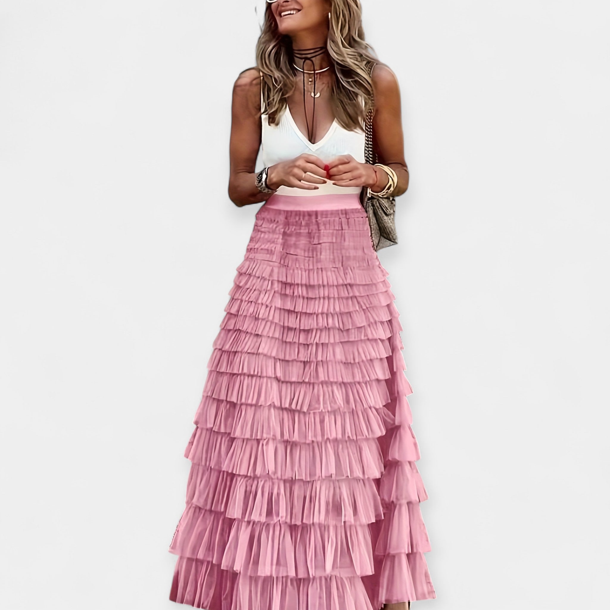 Boho mesh-trim tiered skirt in pink, tiered ruffle layers and gathered waist