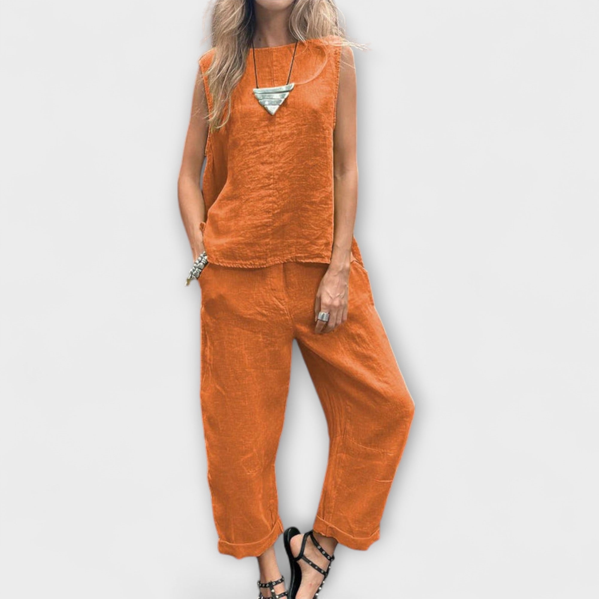 Orange sleeveless tunic top and matching wide-leg pants, linen-cotton blend