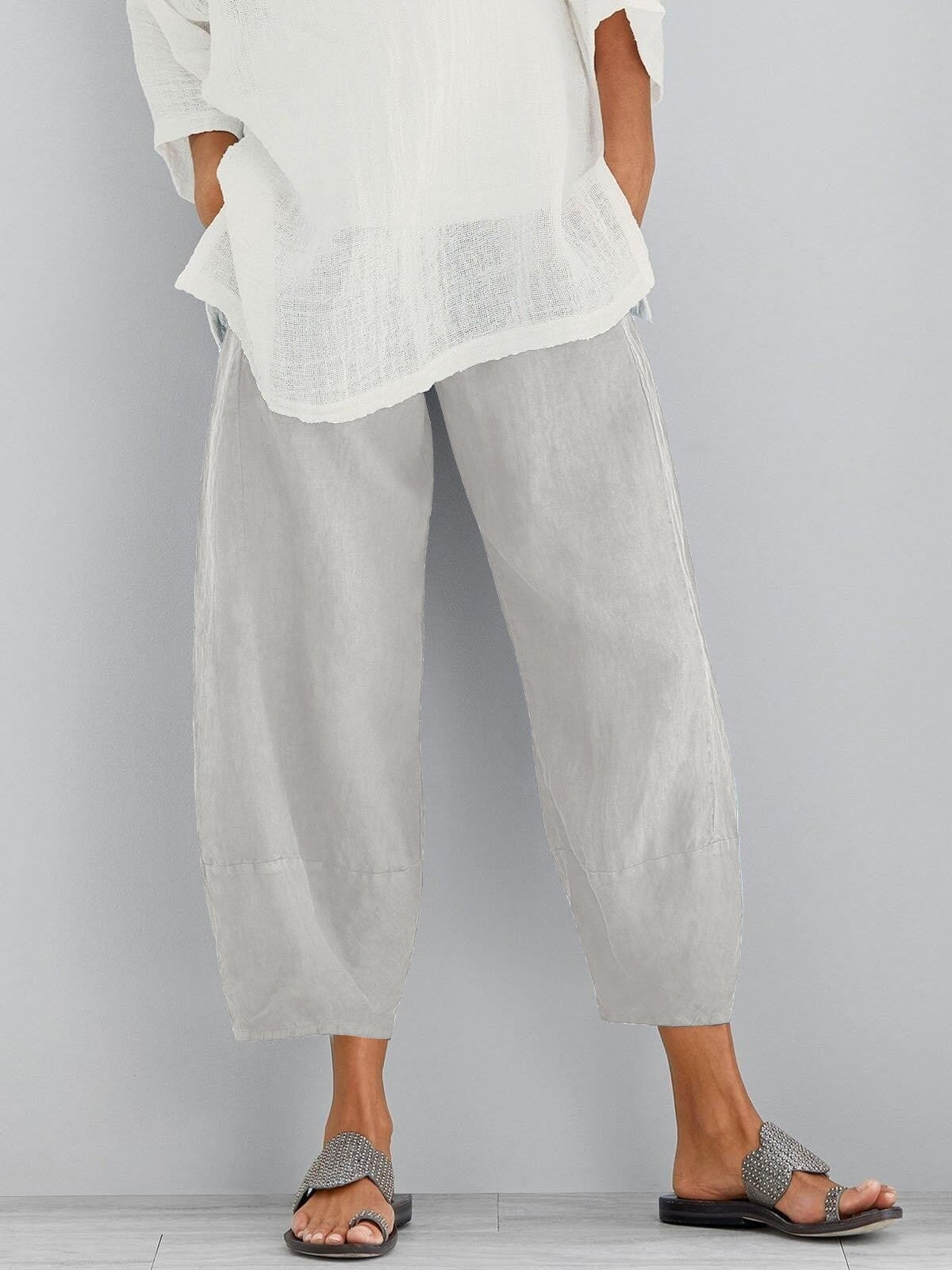 Off-white lightweight summer pants, relaxed fit with cropped ankle cuffs