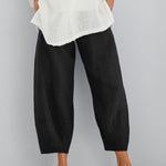 Black lightweight summer pants, loose tapered legs with cropped ankle cuffs