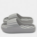 All-season slippers, gray molded slip-on slides with textured footbed and wide strap